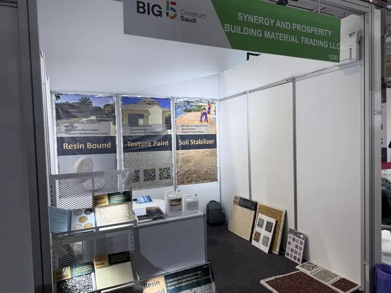 Syn-Pros exhibition booth at Big 5 Construct Saudi 2026 showing all three product banners